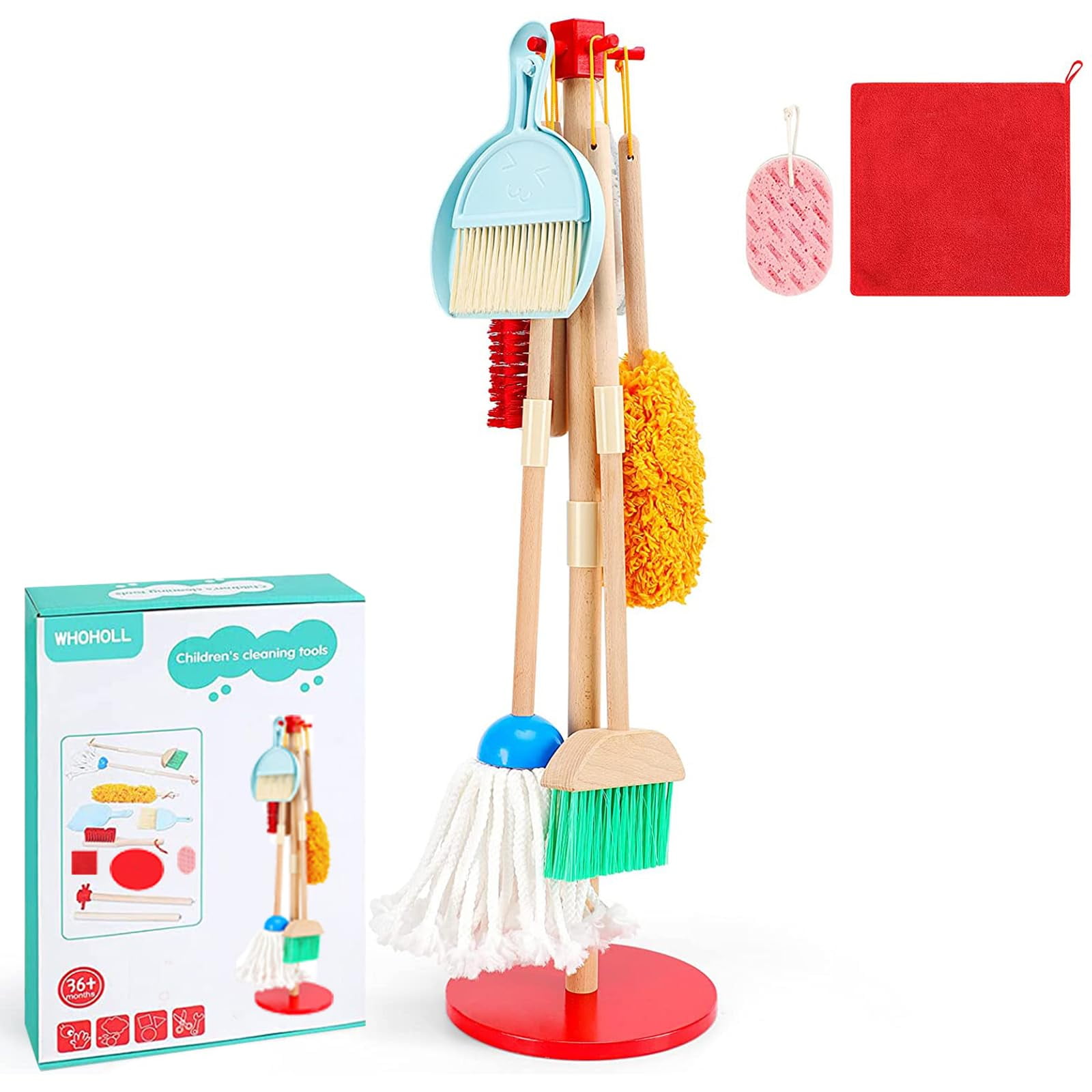 Whoholl - Set De Limpieza Kid Escoba De Madera Para Niños Pequeños 9 Unidades Con Soporte