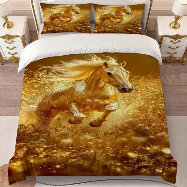 Golden Horse Print Bedding Set Featuring a Soft Duvet Cover and Two Pillowcases