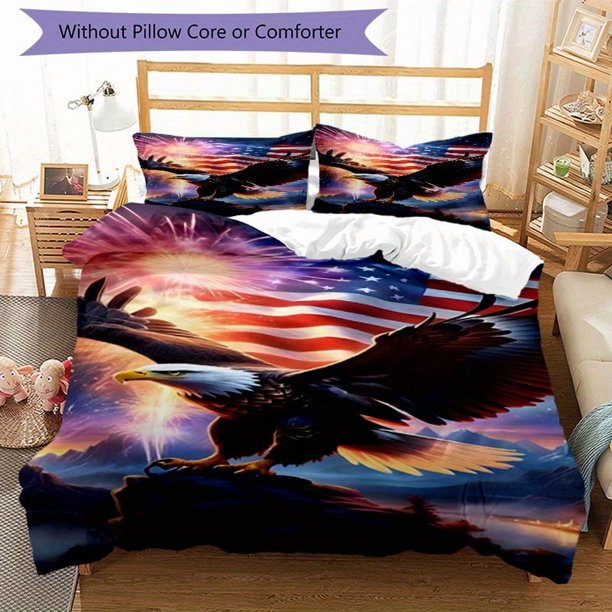 3pcs Bedding Set Duvet Cover Closure Includes 1 Duvet Cover & 2 Pillowcases for All Seasons Bedroom Decor, Home Dorm High-Definition Print Eagle and Flag A235