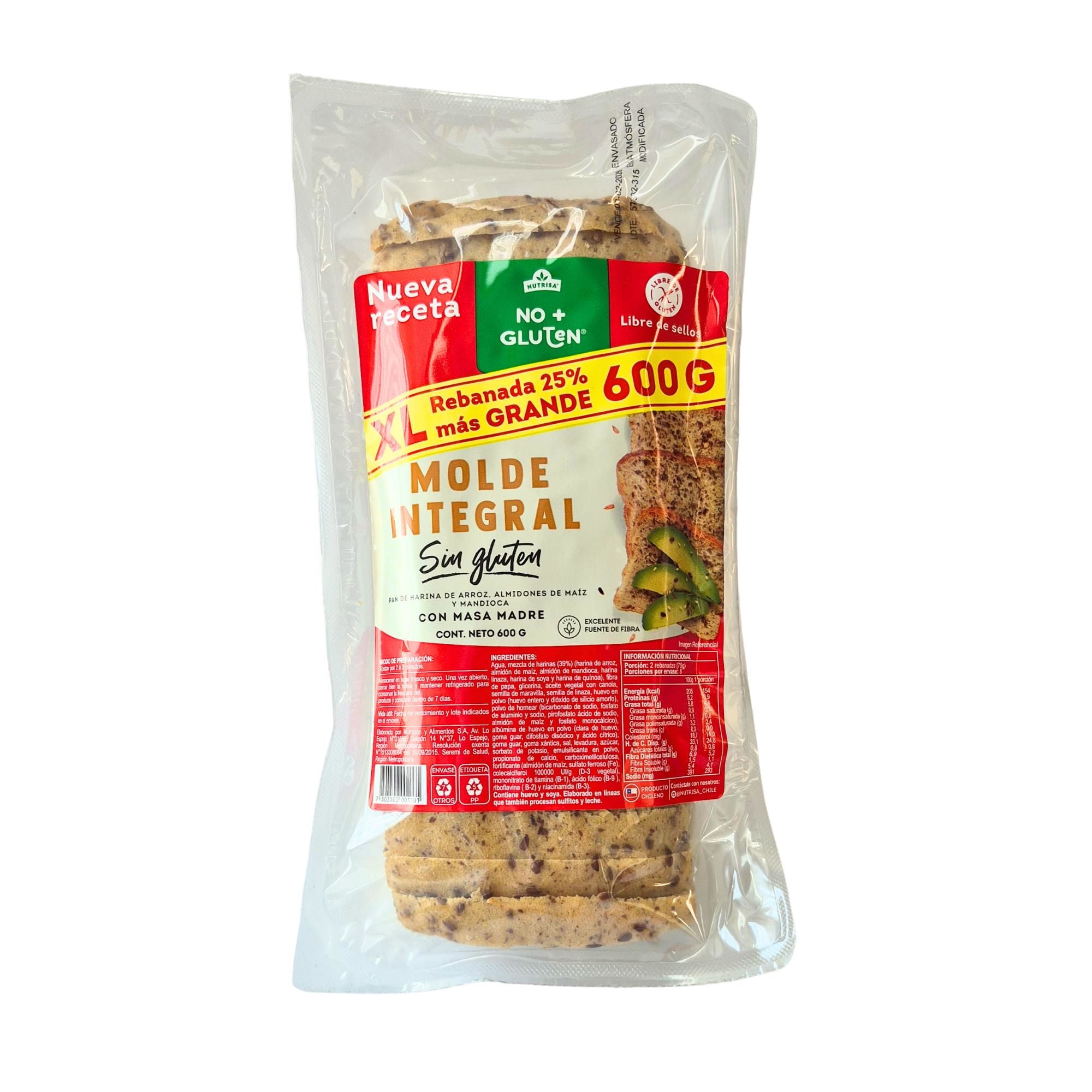 Pan De Molde Integral Sin Glúten 480 g No+gluten