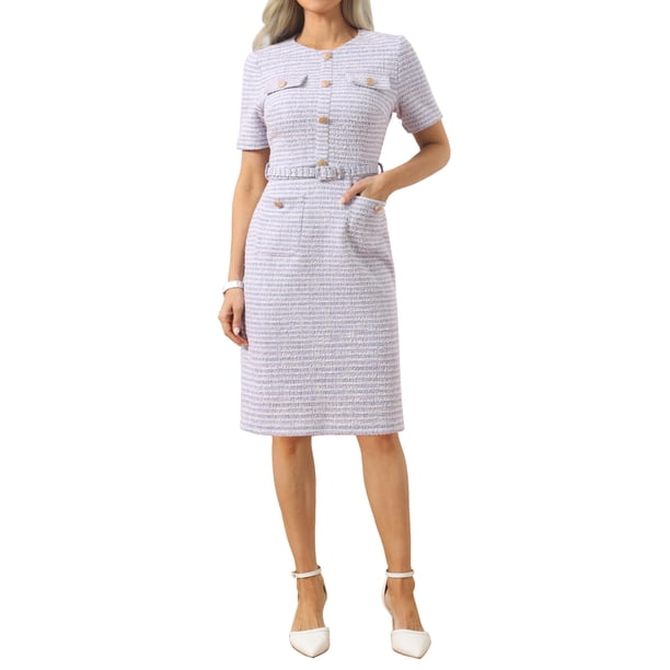 INSPIRE CHIC Vestido de mujer de tweed con cinturón y manga corta para trabajar 2026 Vestido lápiz L Rosa Púrpura
