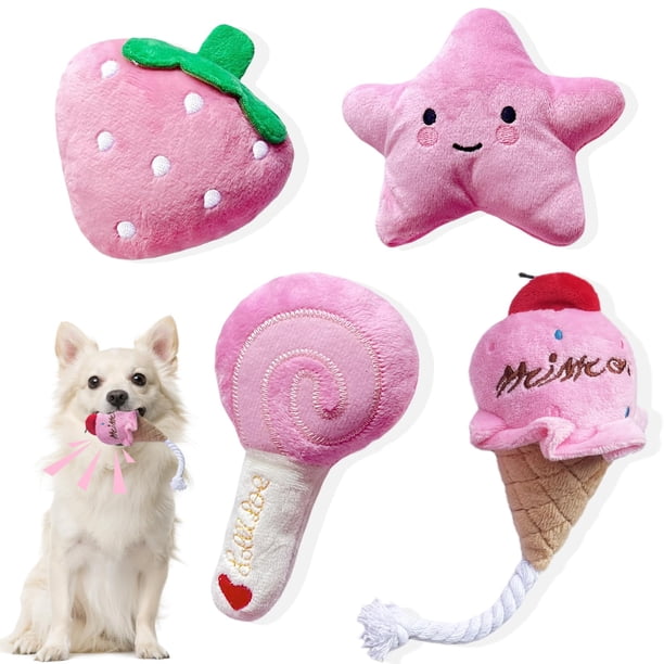 Juego de juguetes para perros pequeños BMLTAQ, paquete de 4, juguetes rosados que chirrían