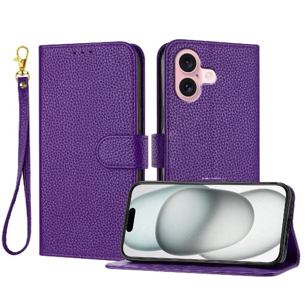 Funda Cartera para iPhone 16 Plus Tarjetero Soporte Magnético y Correa Morado