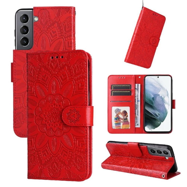 Funda tipo cartera FOXDOCK para Samsung Galaxy S21 , diseño girasol en relieve, cuero PU, cierre magnético, soporte y tarjetero