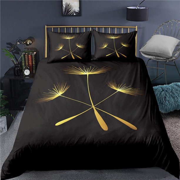 Simple Golden Flowers Black Quilt Duvet Cover Set Children Soft Super 3-Piece Bedding Set