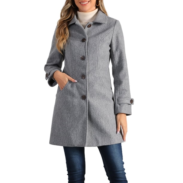 INSPIRE CHIC Abrigo de Invierno para Mujer con Cuello Peter Pan, Corte en Línea A hasta el Muslo, con Botonadura Simple, Talla S, Gris