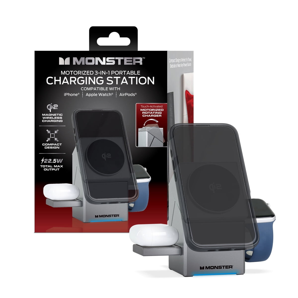 Cargador Inalámbrico 3 En 1 Monster 22.5w Qi2 Iphone Iwatch