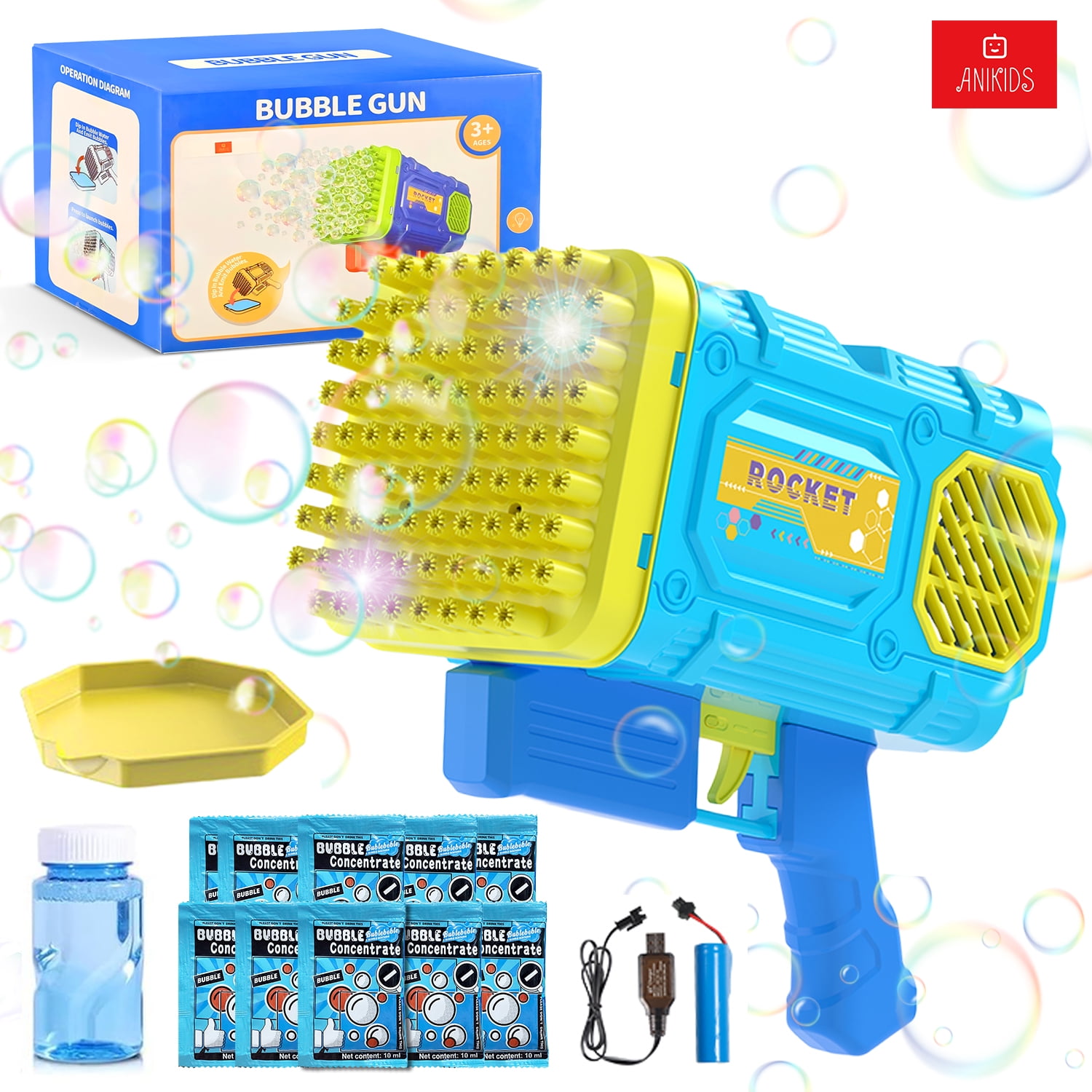 Anikids - Pistola Lanza Burbujas Bazooka 86 Agujeros Luz Juguete Niños Azul