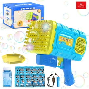 Anikids - Pistola Lanza Burbujas Bazooka 86 Agujeros Luz Juguete Niños Azul
