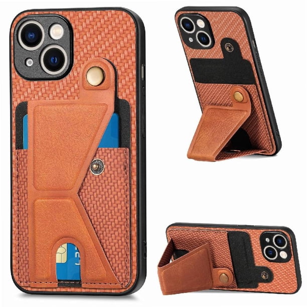 Funda Resistente para iPhone 15 Plus con Tarjetero y Soporte, Diseño Magnético Marrón