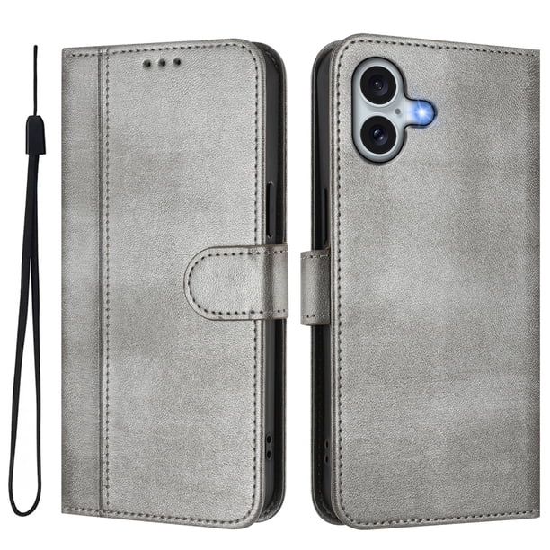 Funda Cartera para iphone 16 Plus Protección 360° con Ranuras para Tarjetas y Soporte Gris