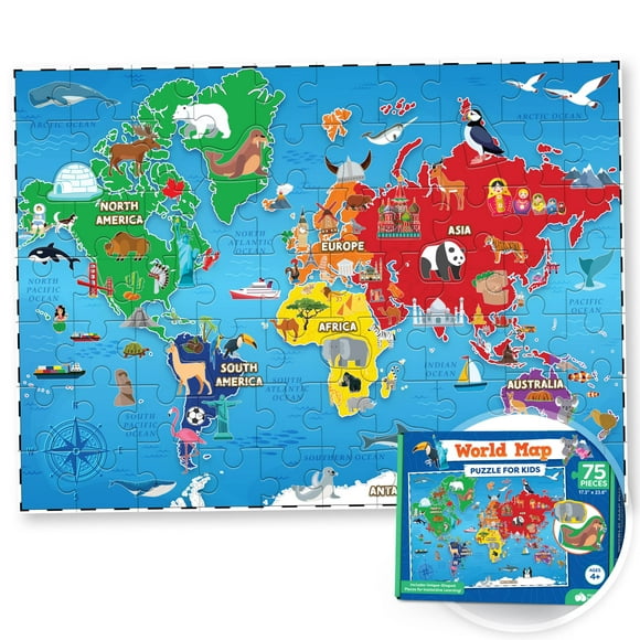 Puzzle con el mapa del mundo de Momo y Nashi, 75 piezas, para niños de 4 a 10 años