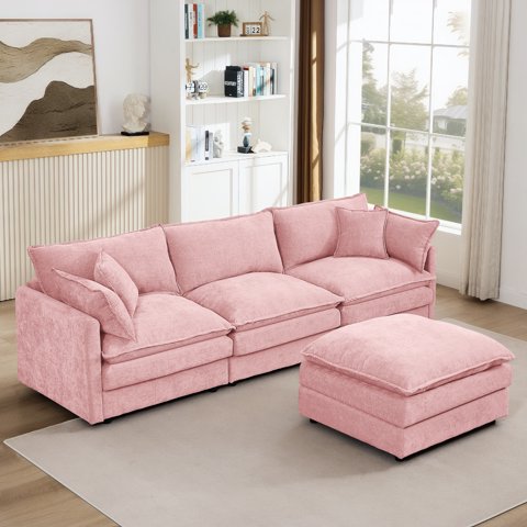 M&Ms - Modular Sectional Sofa, 102 Inch L Shaped Couch Set For Living Room, 3-Seater Comfy Cloud Couches With Movable Ottoman, Diy Combination, Chenille, Pink