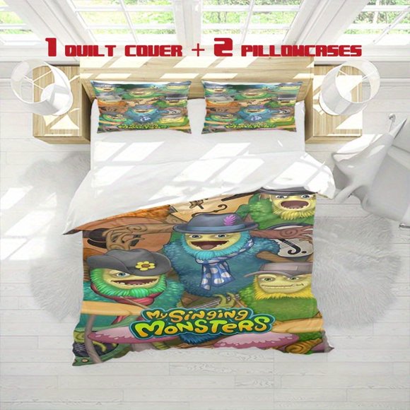 3pcs Singing Monsters Band Show Print Three Piece Bedding Set Soft Quilt Cover And Two Pillowcases