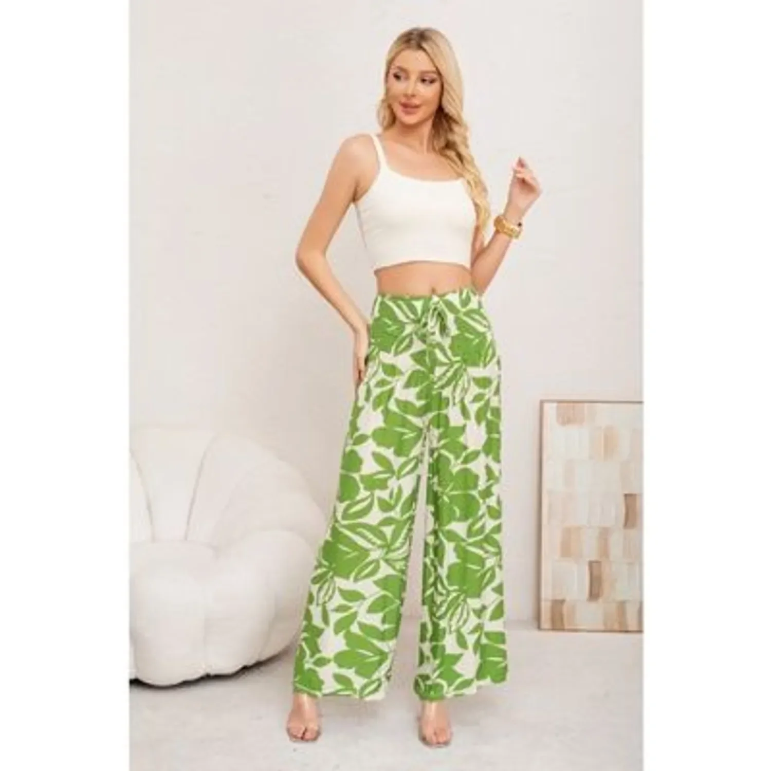 Likeshop - Pantalon Mujer Palazzo Floreado Tipo Lino Pretina Alta Elasticado 3008