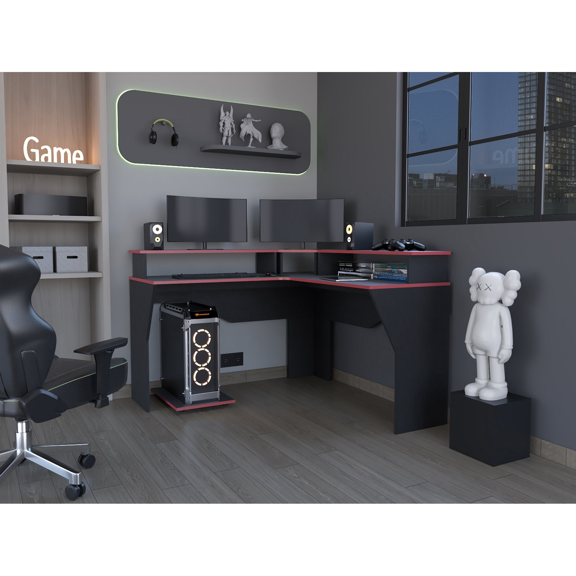 Tuhome - Escritorio Gamer En L Guma 2 Monitores | Mesa Gamer Esquinera Wengue Rojo | Setup Dual Monitor Gaming