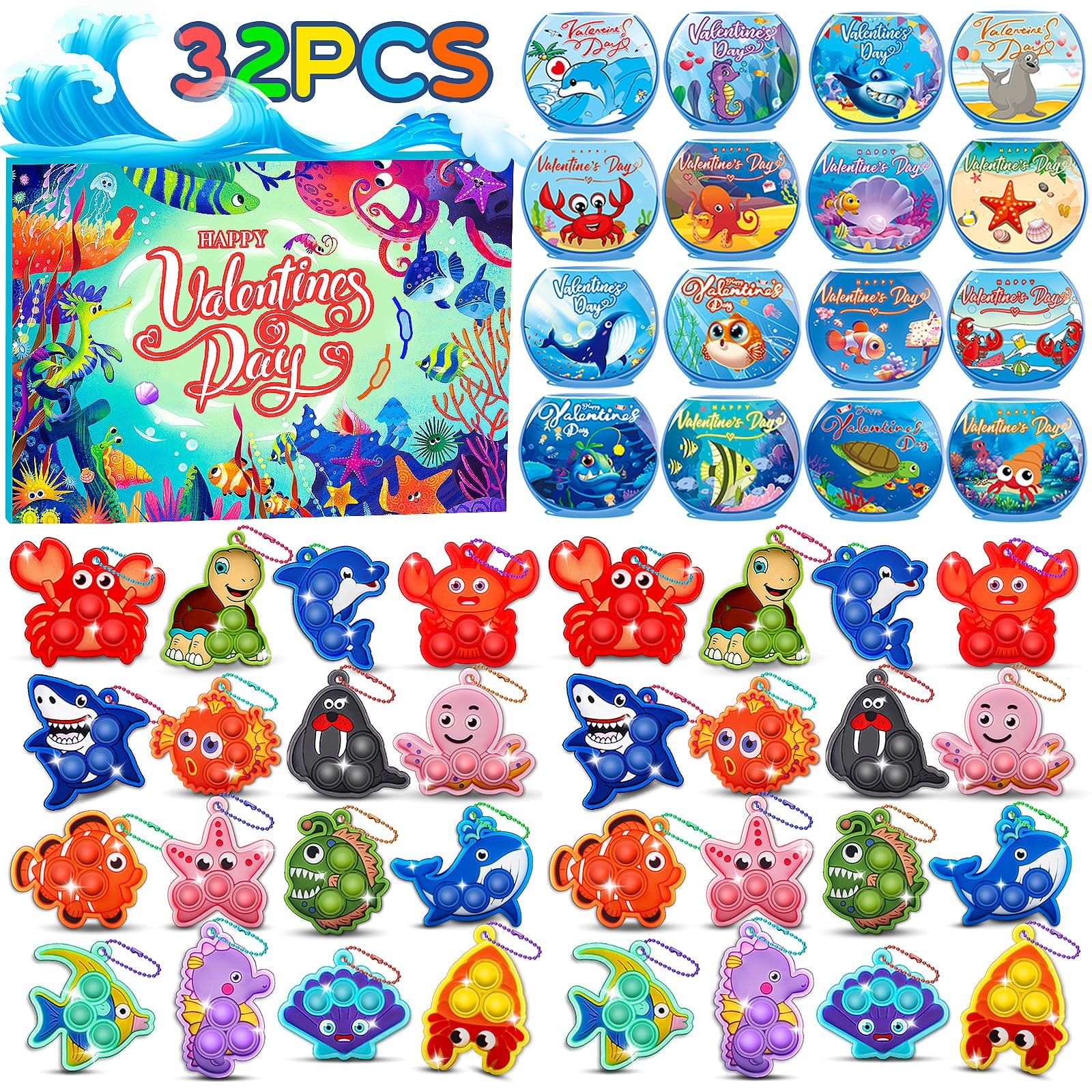 Regalos De San Valentín Para Niños Kiss Monkey Con Animales Marinos Pop Fidget Toys, 32 Unidades