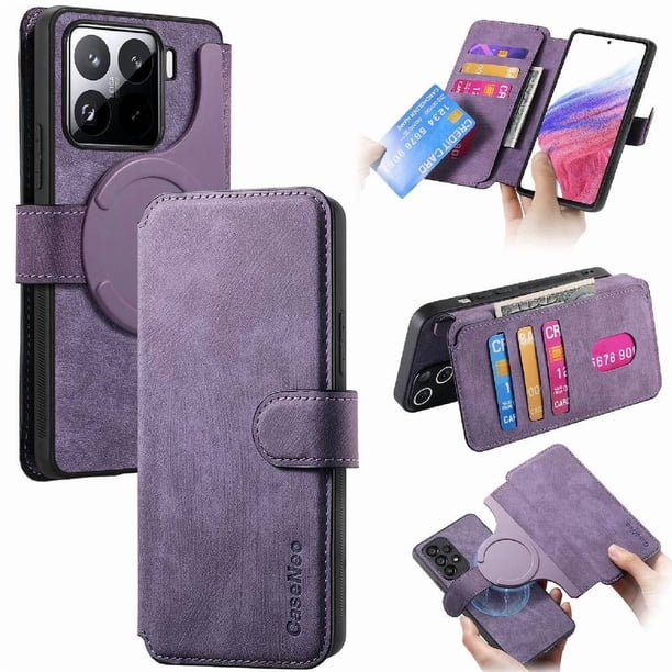 Funda Billetera Magnética para Xiaomi 15 Pro Soporte Tarjetas Desmontable Morado