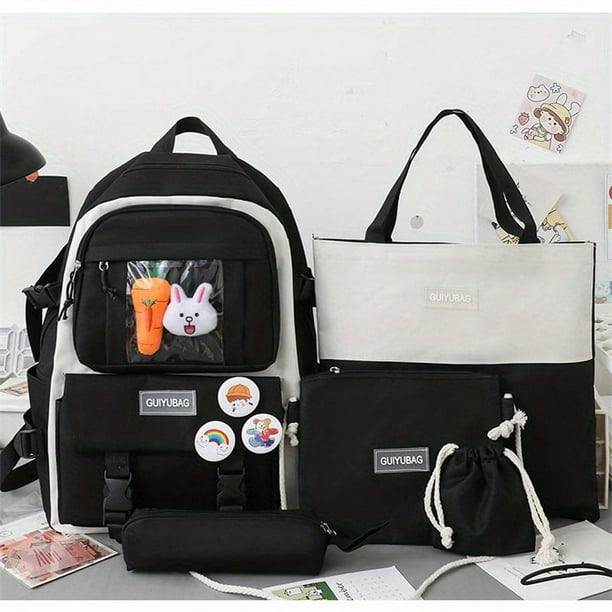 2023 New Double Pocket Backpack Fashion Trendy Backpack 5pcs Multi-functional Large-capacity School Bag