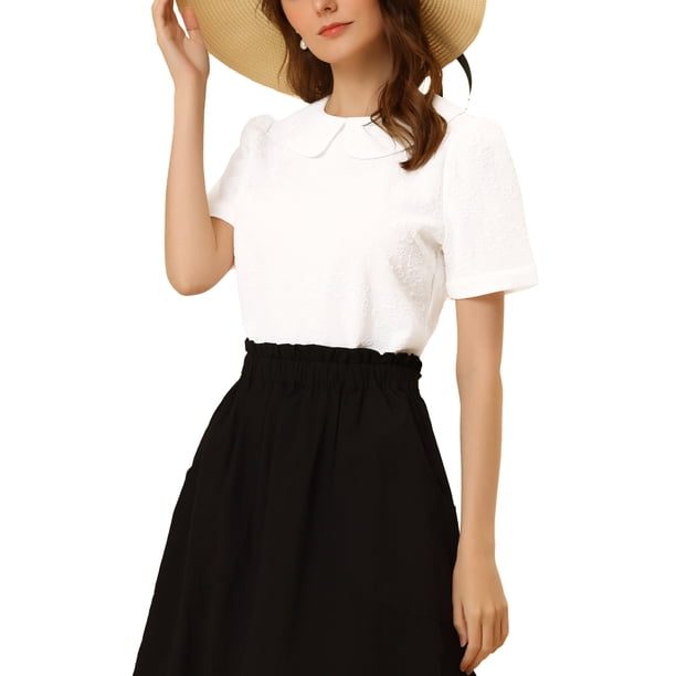 INSPIRA CHIC Blusa con Cuello Peter Pan para Mujeres Regreso a Clases Jacquard Floral Manga Corta Abullonada Kawaii Talla XL Blanca