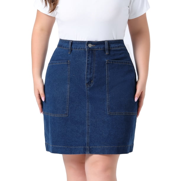 Faldas Lápiz de Mezclilla de Talla Grande para Mujeres de Agnes Orinda, Falda Midi de Verano Casual de Trabajo de Cintura Alta con Bolsillos 4X Azul Oscuro