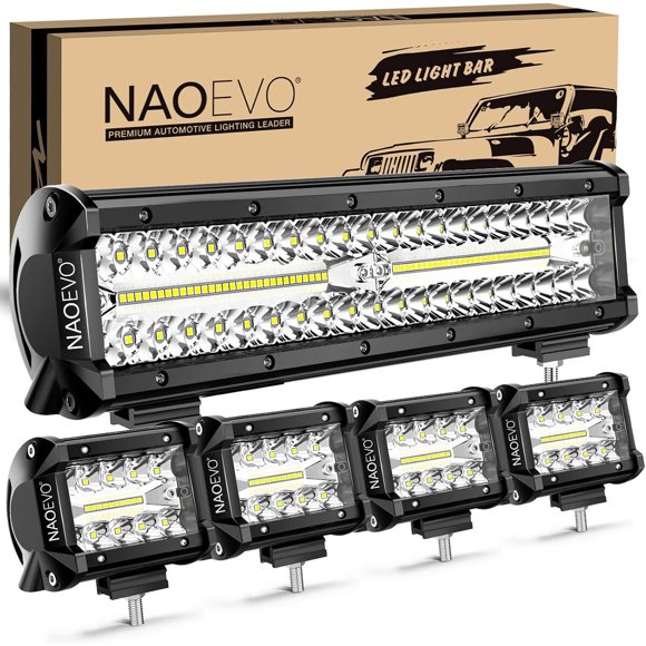NAOEVO 12-Inch LED Light Bar with 4-Piece 4-Inch LED Pod Off-Road Lights