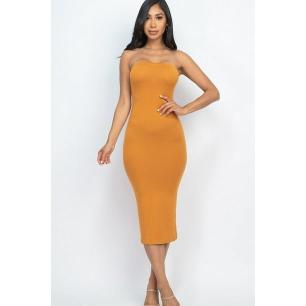 Saronite Vestido Midi Básico Ajustado sin Tirantes, Color Camel (para Mujer)