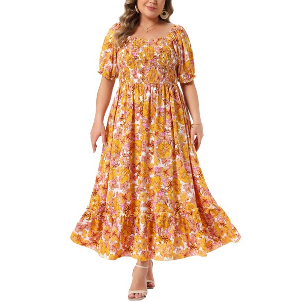 GRACIA Y GRANDEZA Vestido Maxi Floral para Mujer Talla Grande Cuello Cuadrado Manga Abullonada Cintura Fruncida Boho Vestido de Verano 4X Amarillo Oscuro