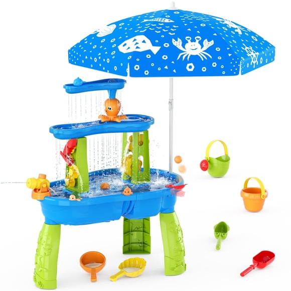 Mesa de arena y agua HYES para niños pequeños con sombrilla