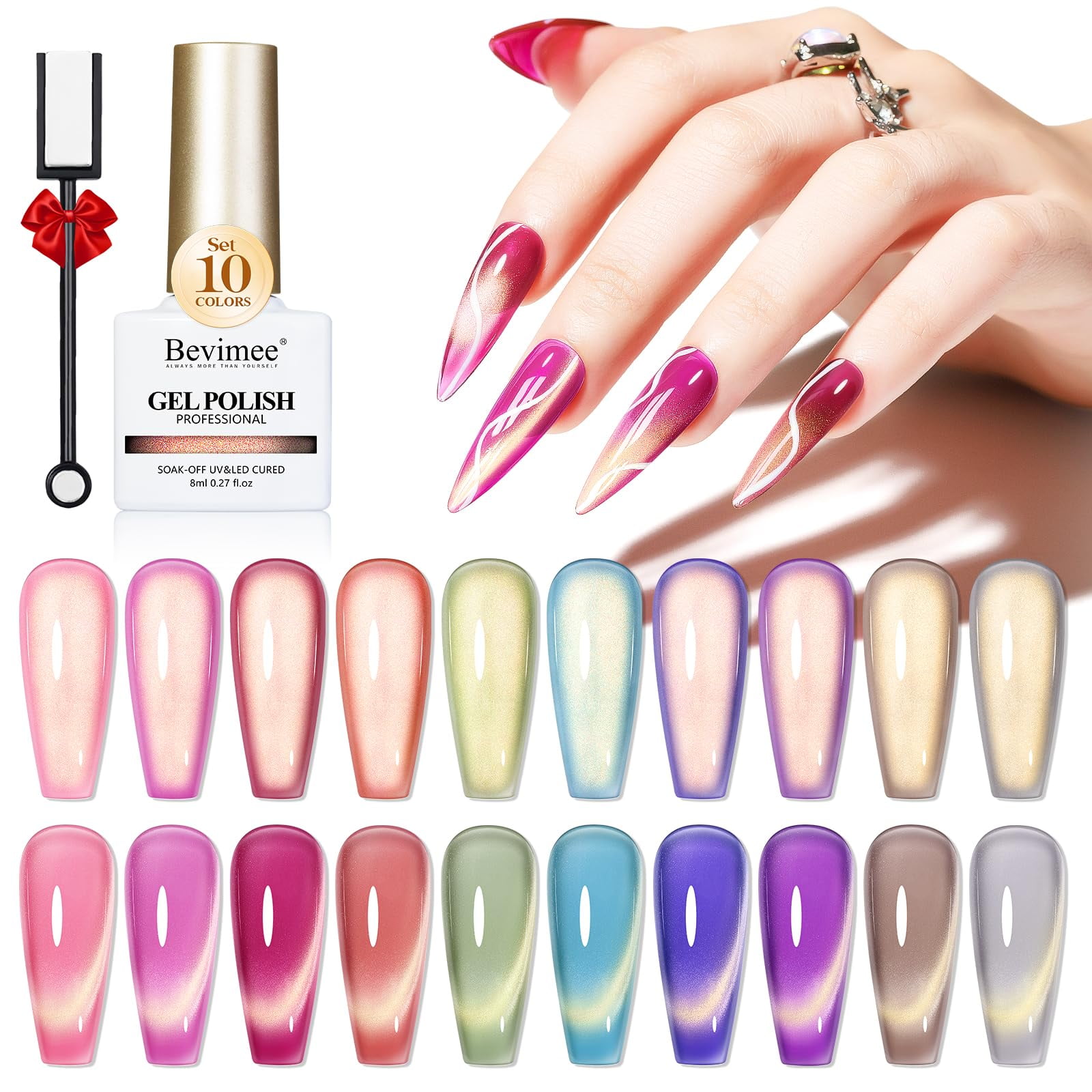 Set De Esmaltes De Uñas Bevimee Cat Eye Gel, 10 Colores Con Imán, 8 Ml