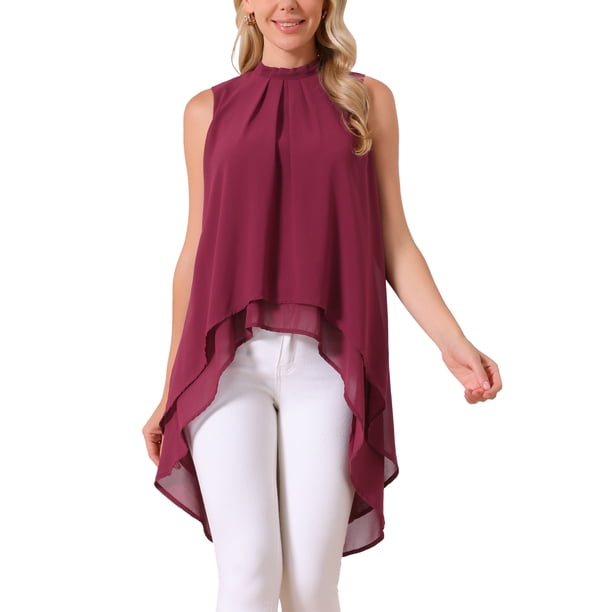 INSPIRE CHIC Blusas de Mujer de Chifón Cuello Alto Sin Mangas con Lazo en la Espalda Dobladillo Alto Bajo Camisa de Verano Vino Rojo S
