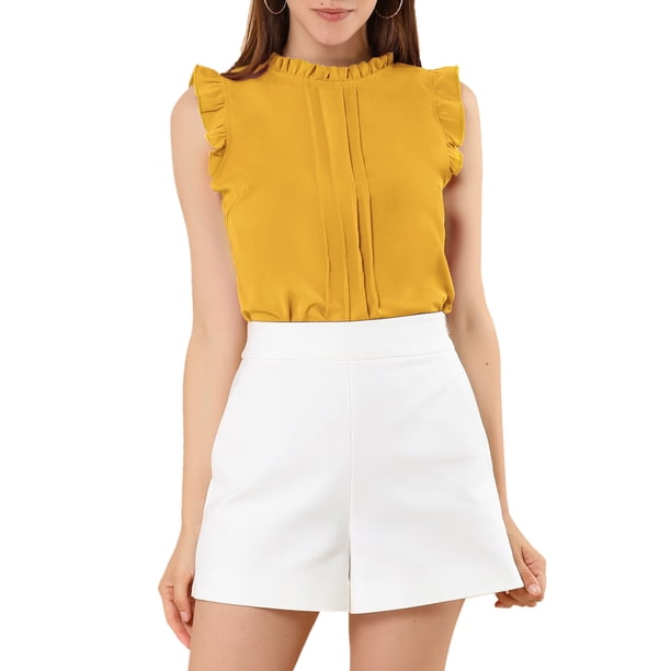 INSPIRE CHIC Blusas sin mangas para mujer de regreso a clases, blusas de trabajo con volantes y pliegues, tops elegantes amarillos XS