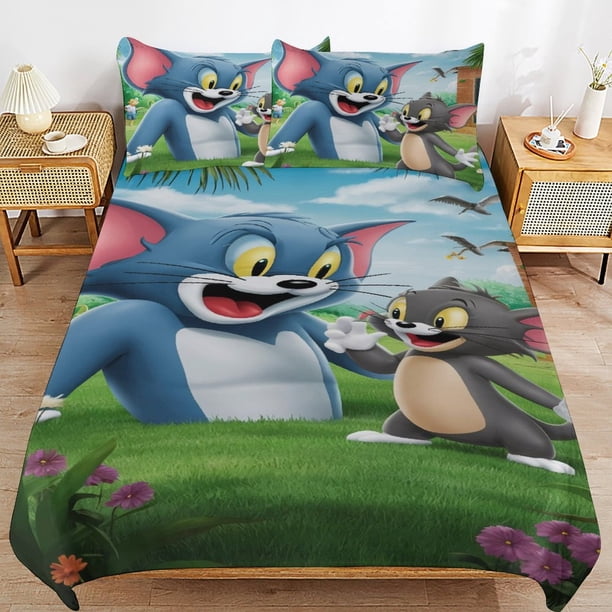 Tom And Jerry Cartoon Bedding Sets Ultra Soft Skin-Friendly Duvet Cover 3 Piece, Cute Comforter Cover Bed Set for Boys Girls Kids