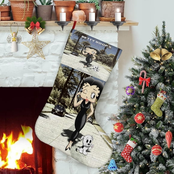 Betty Boop Tema: Calcetines de Navidad, fino lino blanco para colgar en escaleras y chimenea, decoración navideña para el hogar, regalo de Navidad. 54cm × 38cm