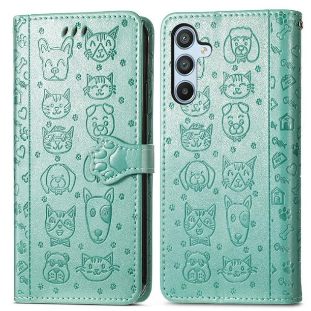 Funda Cartera FOXDOCK para Samsung Galaxy A14 , Flip PU con Relieve de Gatos y Perros, Tarjetero y Soporte