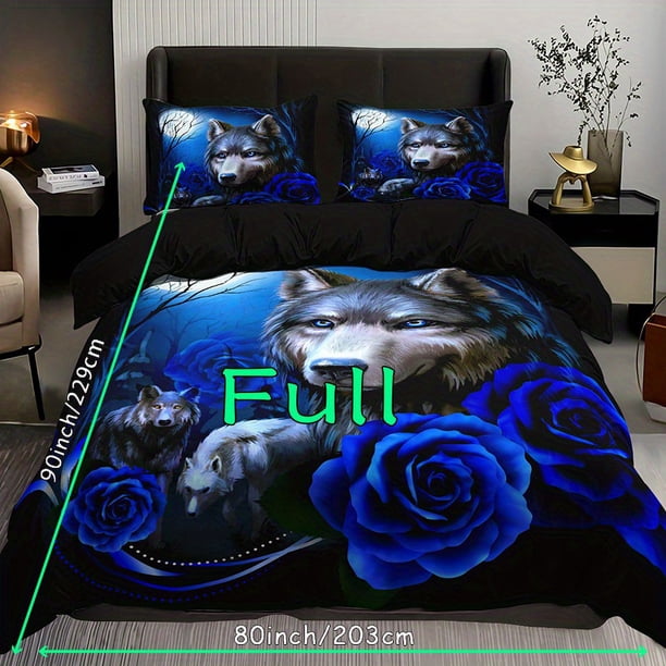 3pcs Fashion Duvet Cover Set, Wolf Blue Rose Print Bedding Set, Soft Comfortable Breathable Duvet Cover, For Bedroom Guest Room Decor (1*Duvet Cover + 2*Pillowcase, Without Core)