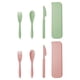 thumbnail image 1 of Juego de utensilios de viaje con estuche, 2 juegos de tenedores, cucharas y cuchillos de plástico portátiles de paja de trigo para acampar, vajilla ecológica sin BPA para el almuerzo, ideal para niños, 1 of 6