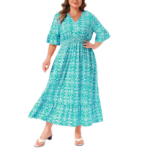 Agnes Orinda Vestido Largo Boho de Línea A con Mangas de Campana a Media Manga y Cuello en V para Mujer Talla Grande 4X Verde Lago
