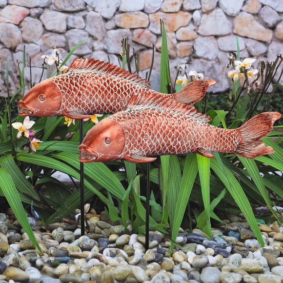 Set de 2 estatuas de jardín de peces koi Wosuine, decoración color cobre