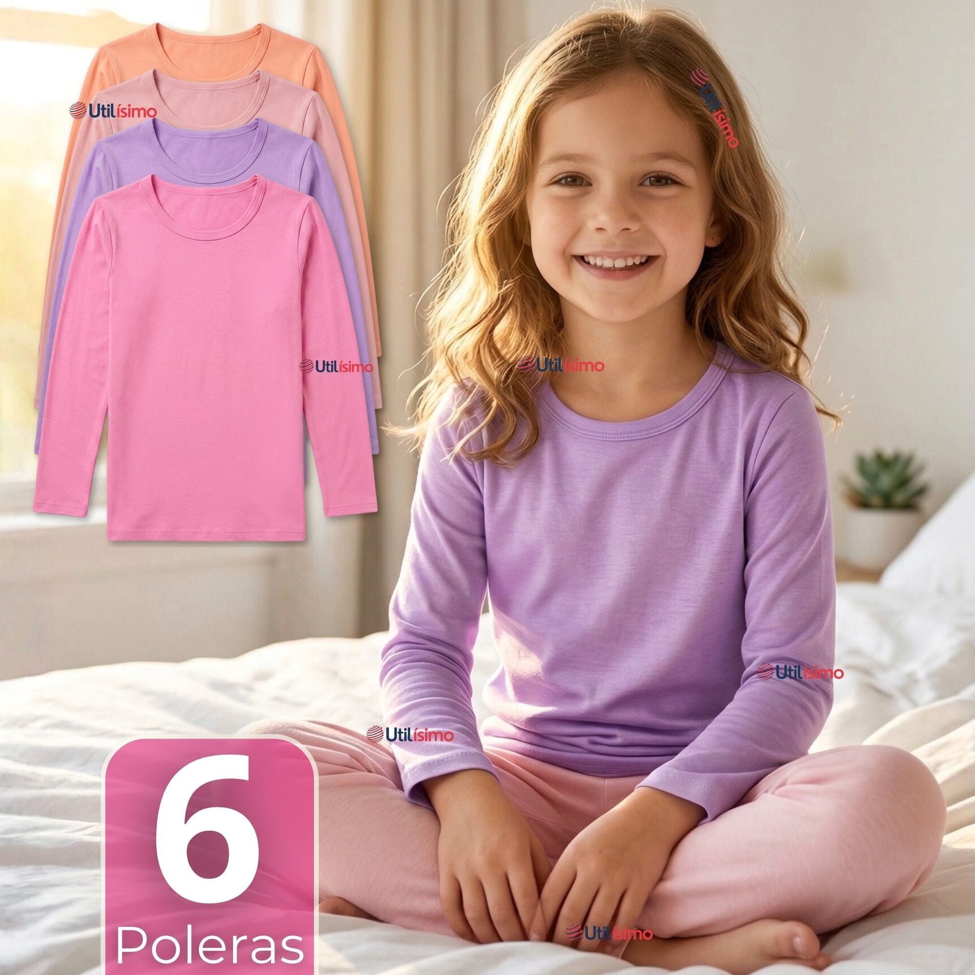 Utilisimo - Pack 6 Camisetas Polera Básica Bambú Cuello Redondo Primera Capa Manga Larga Colores Surtido Niña