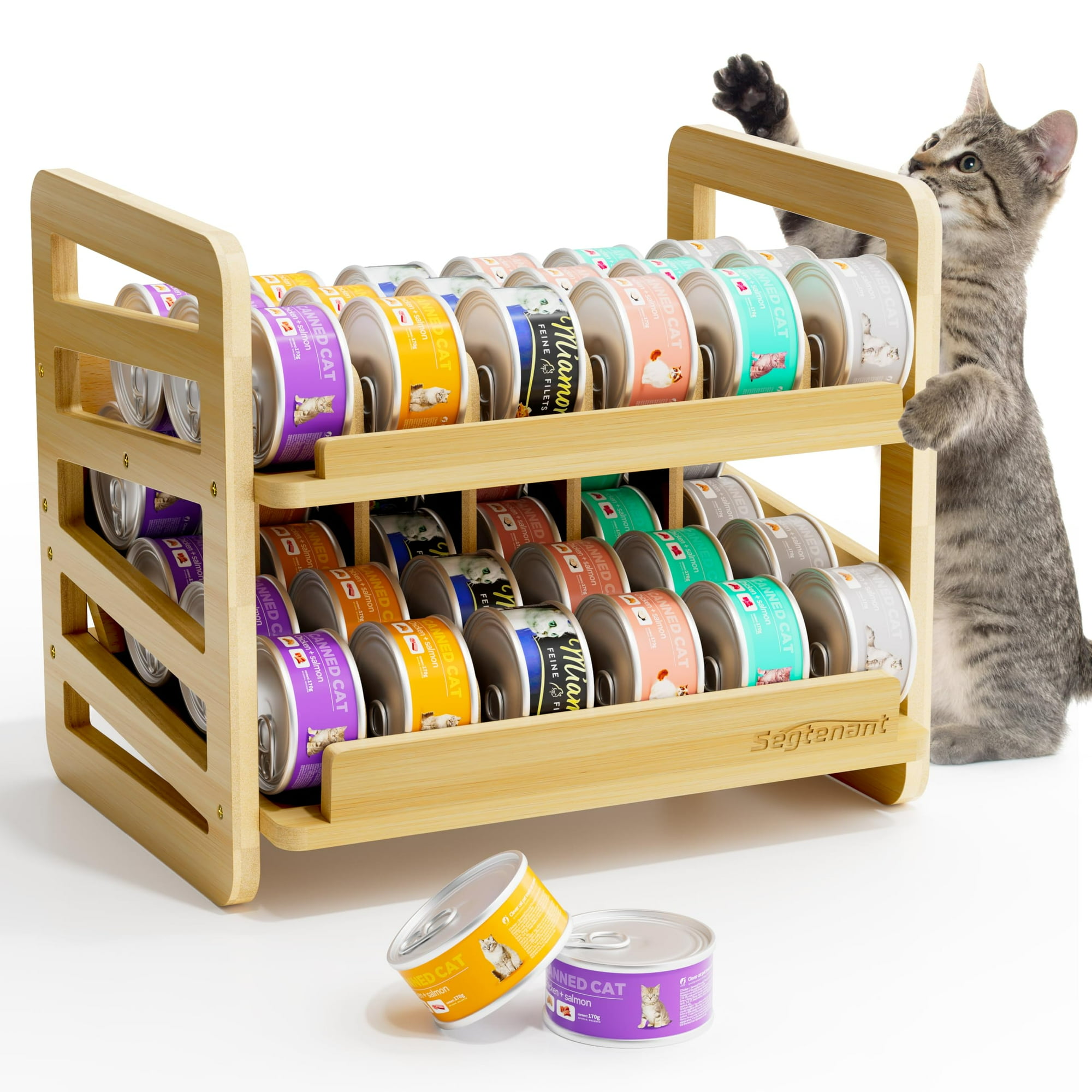 Genérico - Organizador De Latas De Comida Para Gatos Con Forma De Rollo De Bambú, 2 Capas, Almacenamiento Húmedo