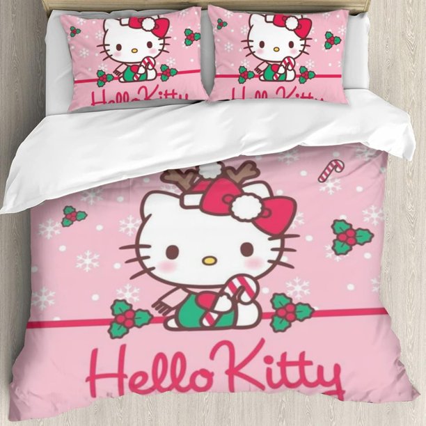 Hello Cat Kitty Pink Heart Cartoon Style Duvet Cover Set Cotton Bed Cover