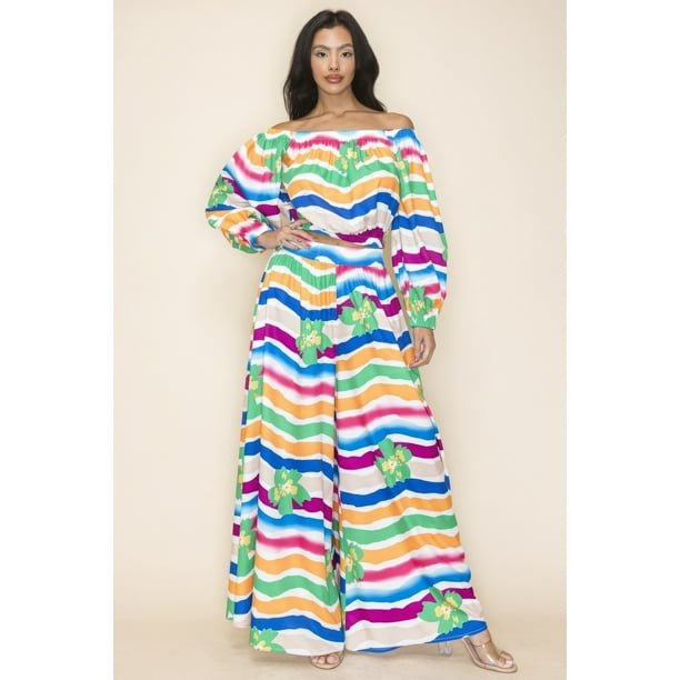 Saronite Conjunto de Top Corto Casual con Hombros Descubiertos y Detalles Elásticos y Pantalones Anchos de Cintura Alta con Bolsillos, Multicolor (para Mujer)