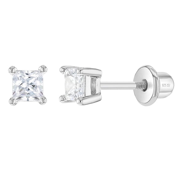 Aros solitario de circon cuadrado de plata 925 para bebes y niñas