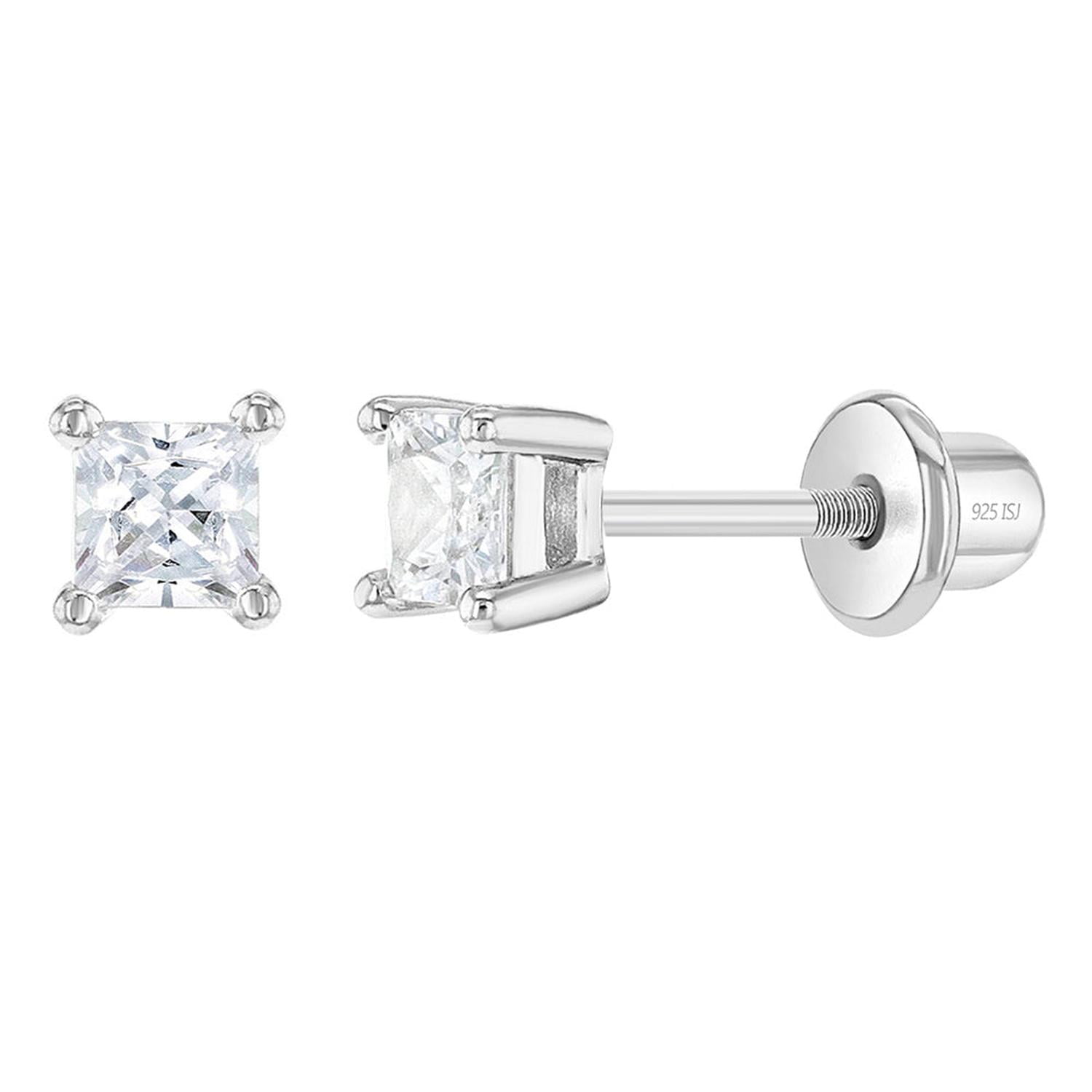 Bendito Amor - Aros Solitario De Circon Cuadrado De Plata 925 Para Bebes Y Niñas