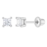 Inseasons - Aros Solitario De Circon Cuadrado De Plata 925 Para Bebes Y Niñas