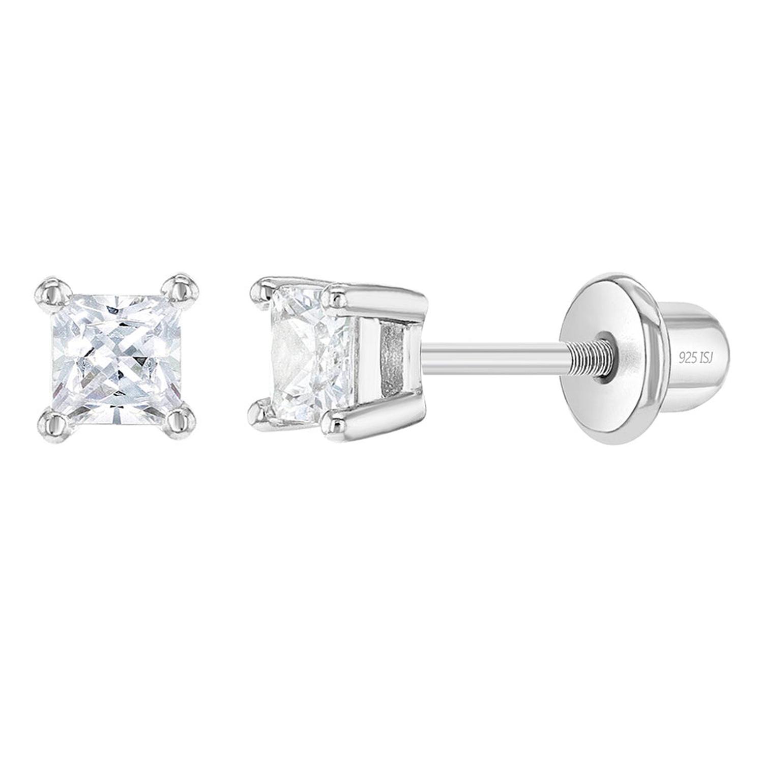 Inseasons - Aros Solitario De Circon Cuadrado De Plata 925 Para Bebes Y Niñas