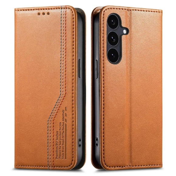 Funda tipo cartera para Samsung Galaxy S25 Fe de piel con cierre magnético, ranuras para tarjetas y correa para la muñeca Marrón