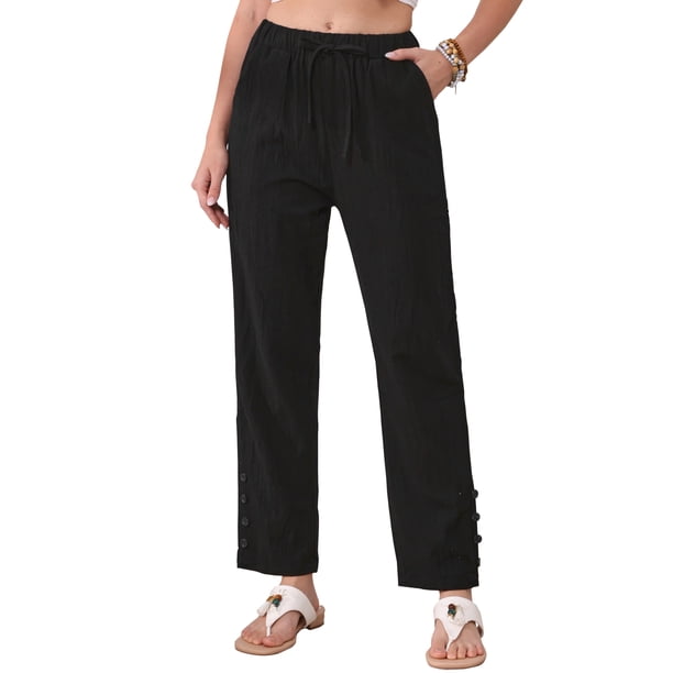 INSPIRE CHIC Pantalones de Lino para Mujer Verano Casual de Cintura Alta con Cordón de Algodón Pantalones Largos L Negro