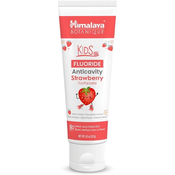 Pasta De Dientes Infantil Con Flúor Anticaries Himalaya Botanique, Sabor A Frutilla, Pasta De Dientes Con Flúor, Ayuda A Prevenir Las Caries, Vegana, Libre De Sls, Sin, Libre De Gluten, 4 oz (113 g)